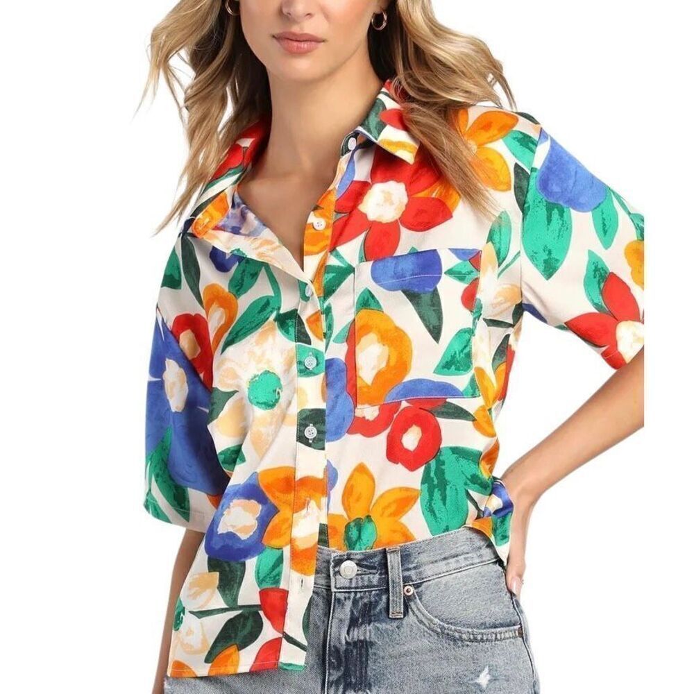 Neon Floral Satin Button Up Top Medium